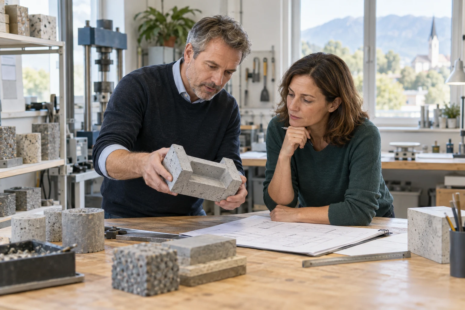 Zwei Fachleute besprechen ein Materialmuster und Projektunterlagen in einer hellen Entwicklungswerkstatt